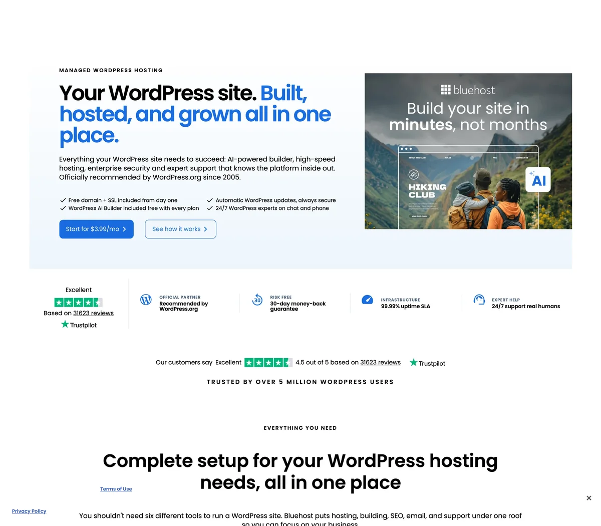 Bluehost 官方網站的WordPress 主機產品頁面