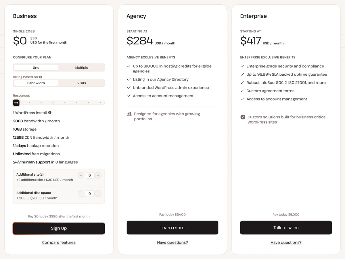 Kinsta 方案與費用頁面截圖
