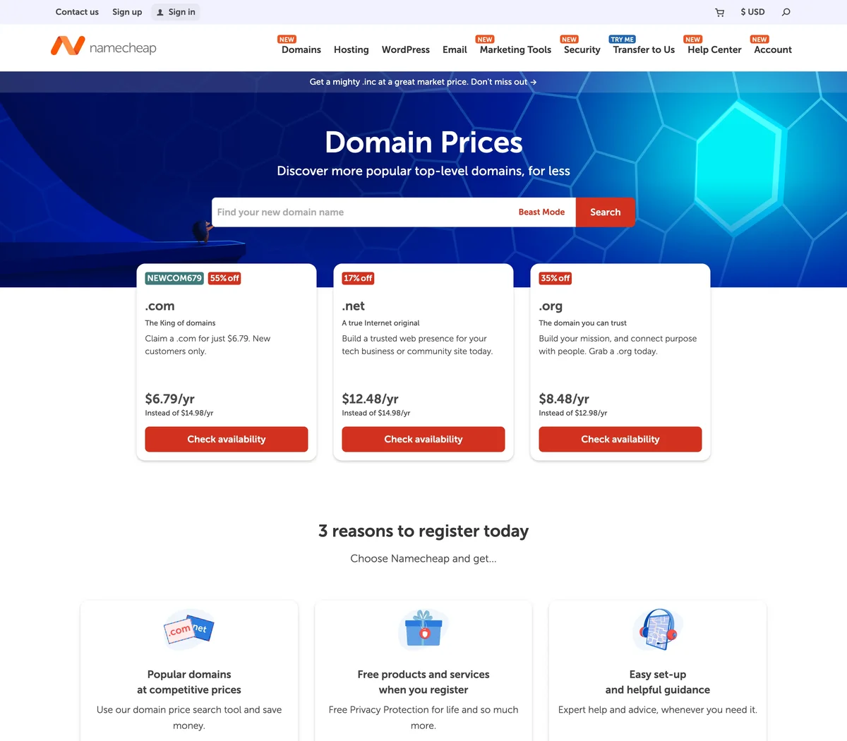 Namecheap 官方網站的網域搜尋與價格頁面