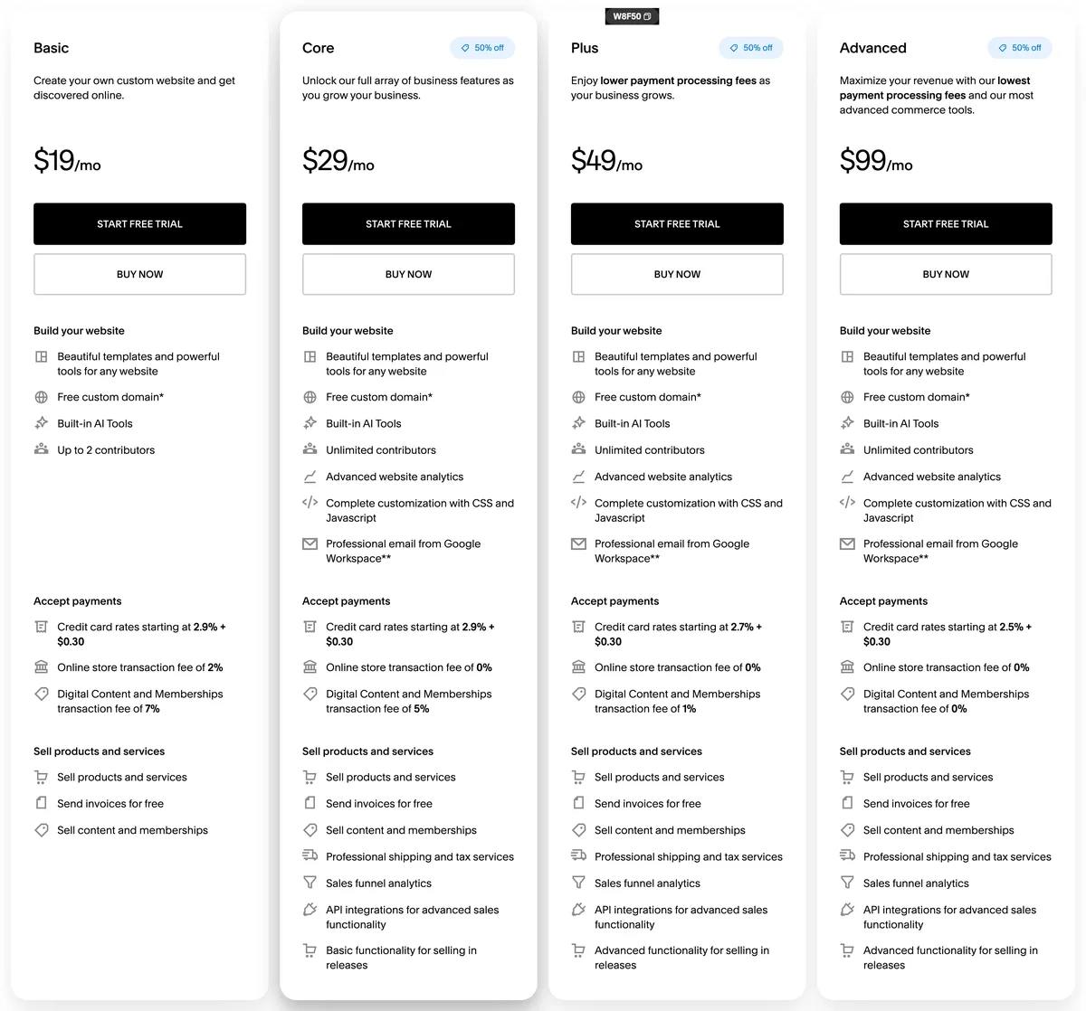 Squarespace 官方網站的價格方案頁面