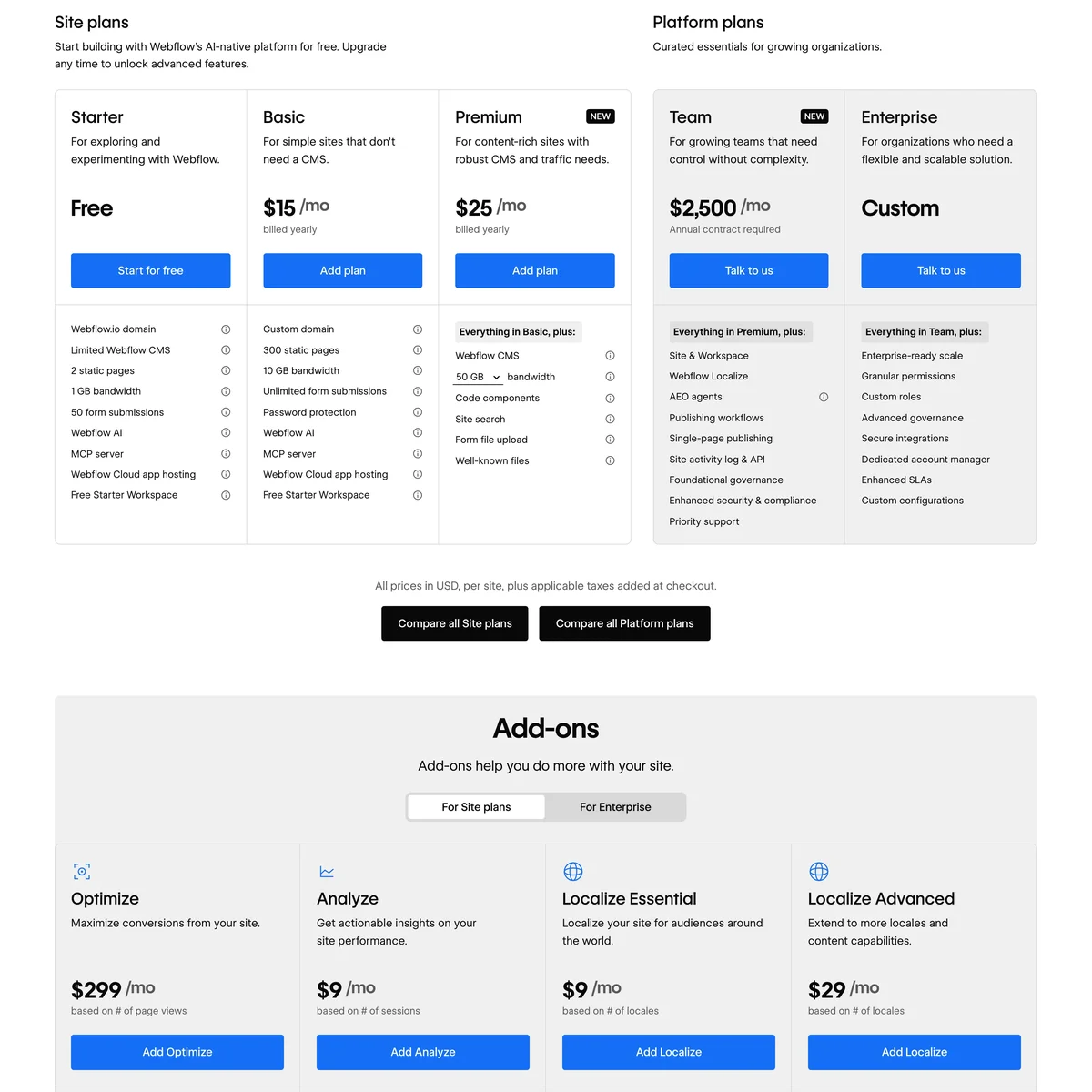 Webflow 官方網站的價格方案頁面