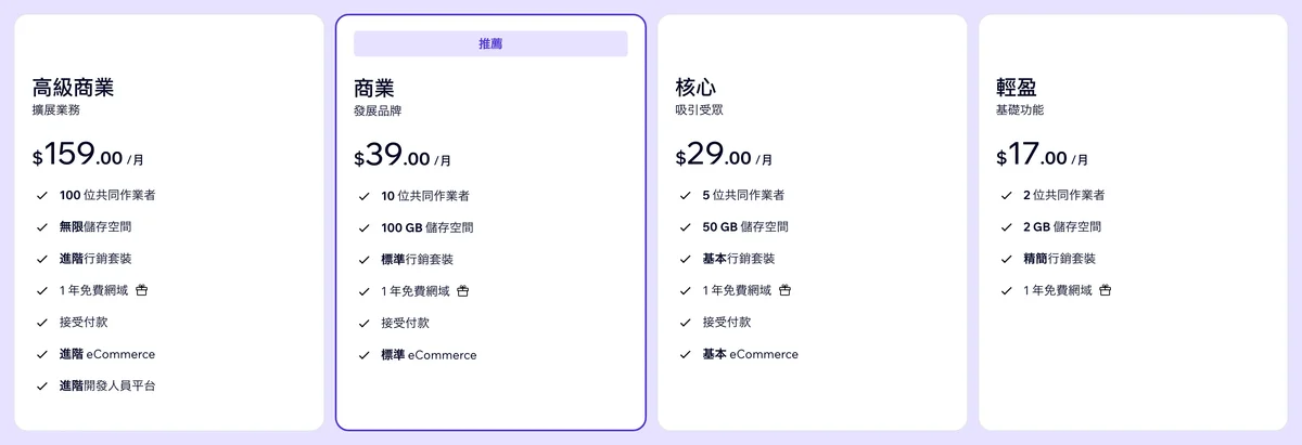 Wix 官方網站的價格方案頁面